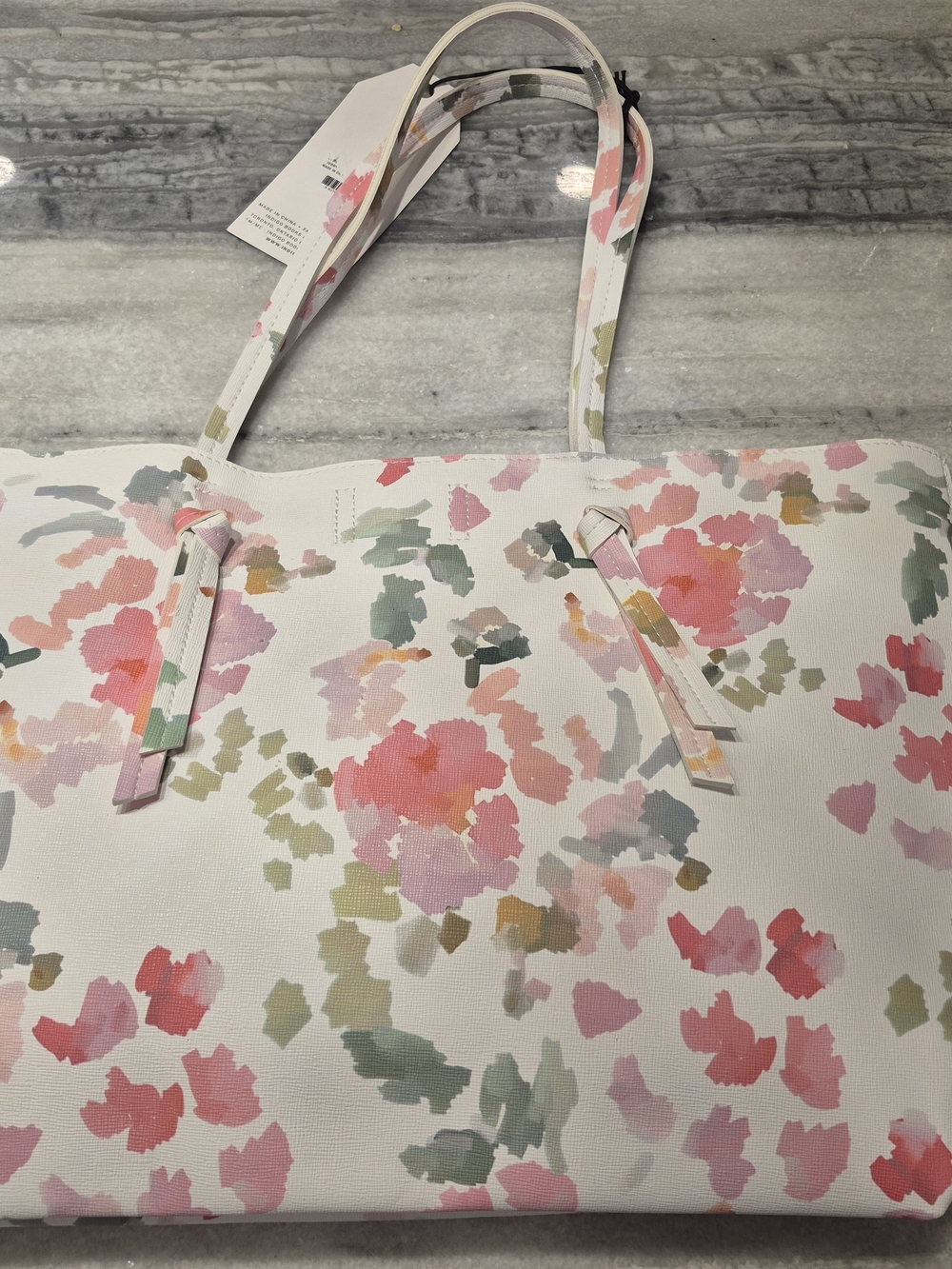 Indigo White Floral Tote with Pink and Green Accents